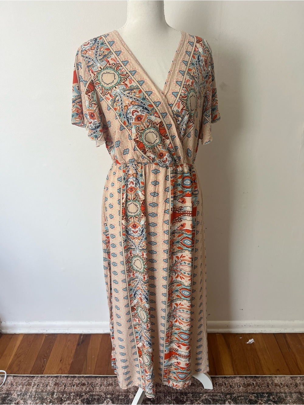 Boho Wrap look Maxi Dress in Peach Geo Print, Womens Large